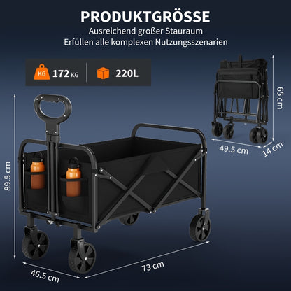 Carrello Pieghevole e Pieghevole, 220L Grande Capacità, Robusto Carrello Multiuso con Carico di 170kg, Ruote Girevoli a 360° All-Terrain da 12.7cm, Telaio in Acciaio, Manico Regolabile, Porta Bicchieri, Carrello Pieghevole Portatile per Giardino Campeggio