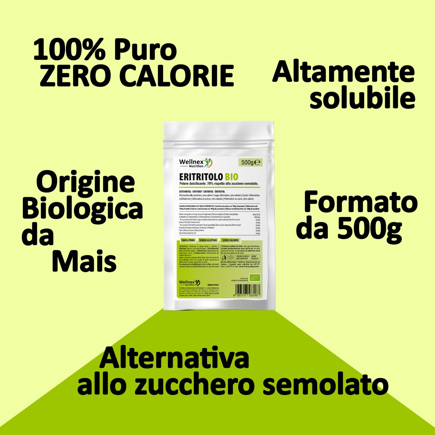 Eritritolo Biologico Puro - Eritritolo in polvere, Alternativa allo Zucchero | Dolcificante zero calorie | Wellnex Nutrition