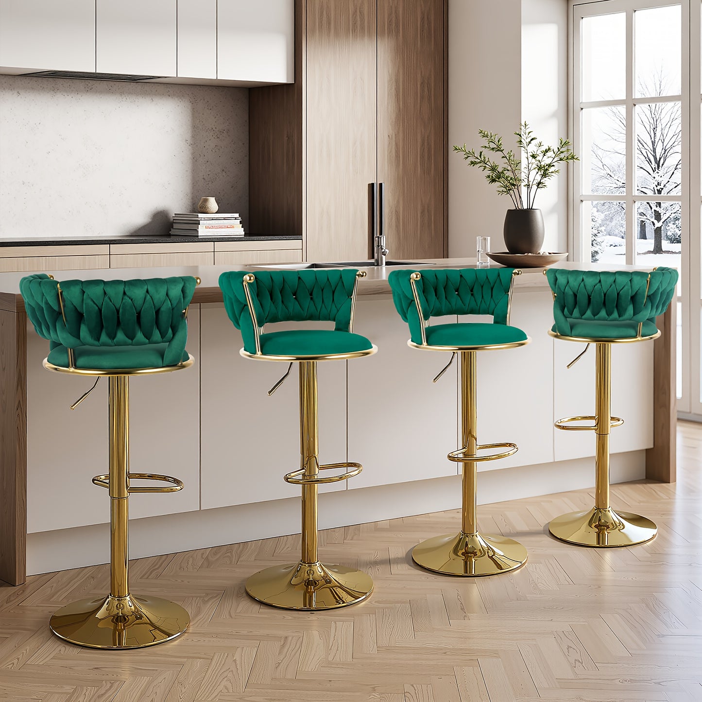 Set di 2 sgabelli da bar moderni girevoli in velluto intrecciato, sgabello, sgabello da bar girevole a 360° con schienale e altezza regolabile, sgabelli da bar alti in metallo dorato per isola cucina, per Natale, festival, regalo di Capodanno