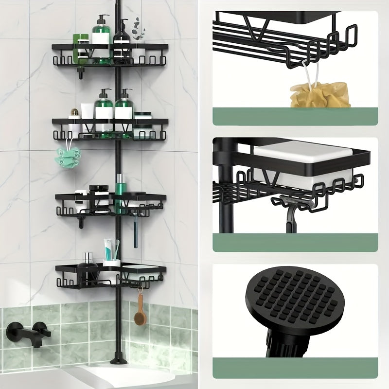 Un robusto e alto ripiano angolare per il bagno, un ripiano angolare regolabile per la doccia che non richiede foratura, dotato di un rack portaoggetti nero a 4 ripiani resistente alla ruggine, ideale per organizzare le aree angolari della doccia - Perfet