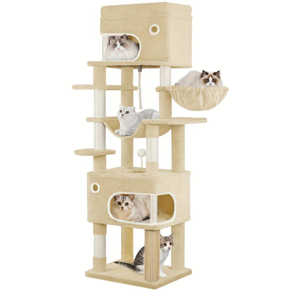 Graffio per Gatti, Albero da 178 cm con Ampia Piattaforma, 2 Rifugi, 7 Pali Graffiatori, Pomponi, Amaca e Postazioni Relax, Adatto a Tutte le Razze di Gatti, Beige