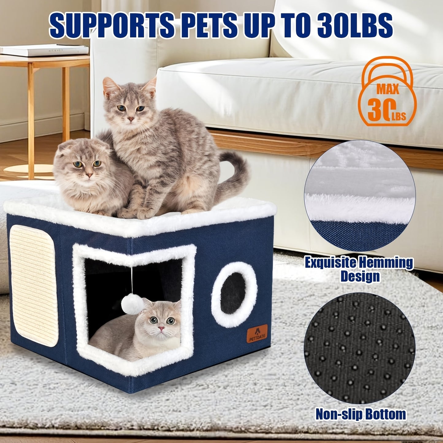 Cuccia per gatti con letti a 2 livelli, tunnel giocattolo, divano pieghevole, tiragraffi e palla sospesa in peluche - Struttura resistente in nylon, tela morbida, design chiuso per tutte le stagioni, facile da montare, cuccia a cubo per interni, unità di