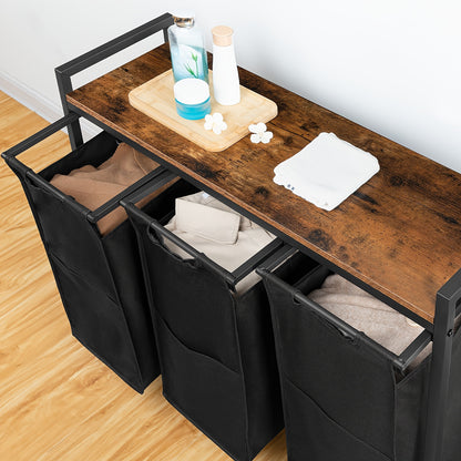 Cesto per la biancheria 3 scomparti, raccoglitore per la biancheria con ripiano, scatola per la biancheria, carrello per la biancheria, 3 X 39.8 L, sacco per la biancheria realizzato in tessuto Oxford, 84 X 33 X 74.5 Cm, marrone-nero vintage, cesti per la
