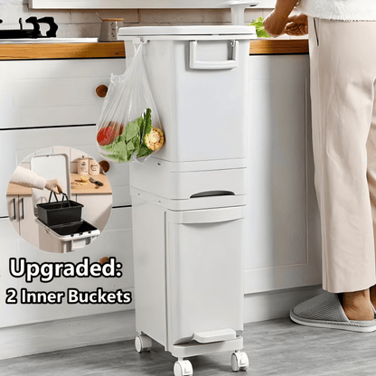 Cestino rifiuti a 3 strati stretto con coperchio - Sottile, grande capacità, doppio scomparto per separazione secca e umida con ruote e maniglie per facile spostamento, perfetto per la separazione dei rifiuti in cucina, azionato a pedale, per fessure in c