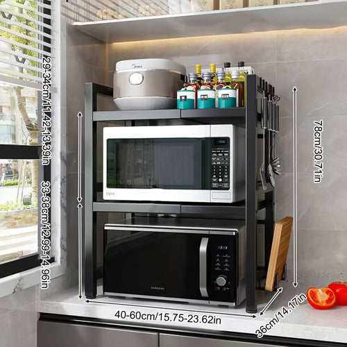 Supporto per microonde a 2 livelli regolabile - Organizer salvaspazio resistente per cucina/bagno, scaffale multiuso espandibile con design a doppio strato aperto, scaffale verticale, scaffale verticale