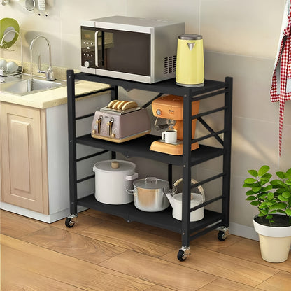 Scaffale da cucina dorato a 3 ripiani con ruote, scaffale pieghevole, scaffale da cucina mobile, scaffale verticale, nessuna installazione richiesta, scaffale da cucina e carrello mobile, adatto per dispensa o ufficio (Nero, Bianco)