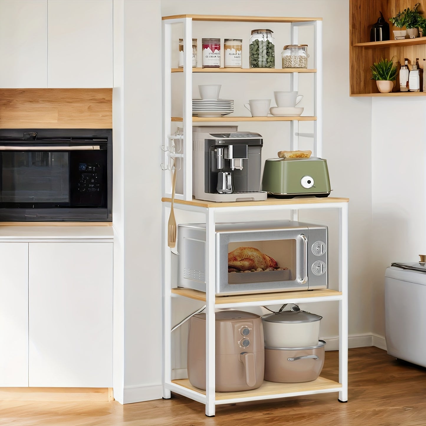 Scaffale da Cucina, Bar Caffè, Scaffale da Forno, Totale 6 Ripiani e 6 Ganci, per Microonde, Telaio in Acciaio, Industriale, 40 X 60 X 167 Cm