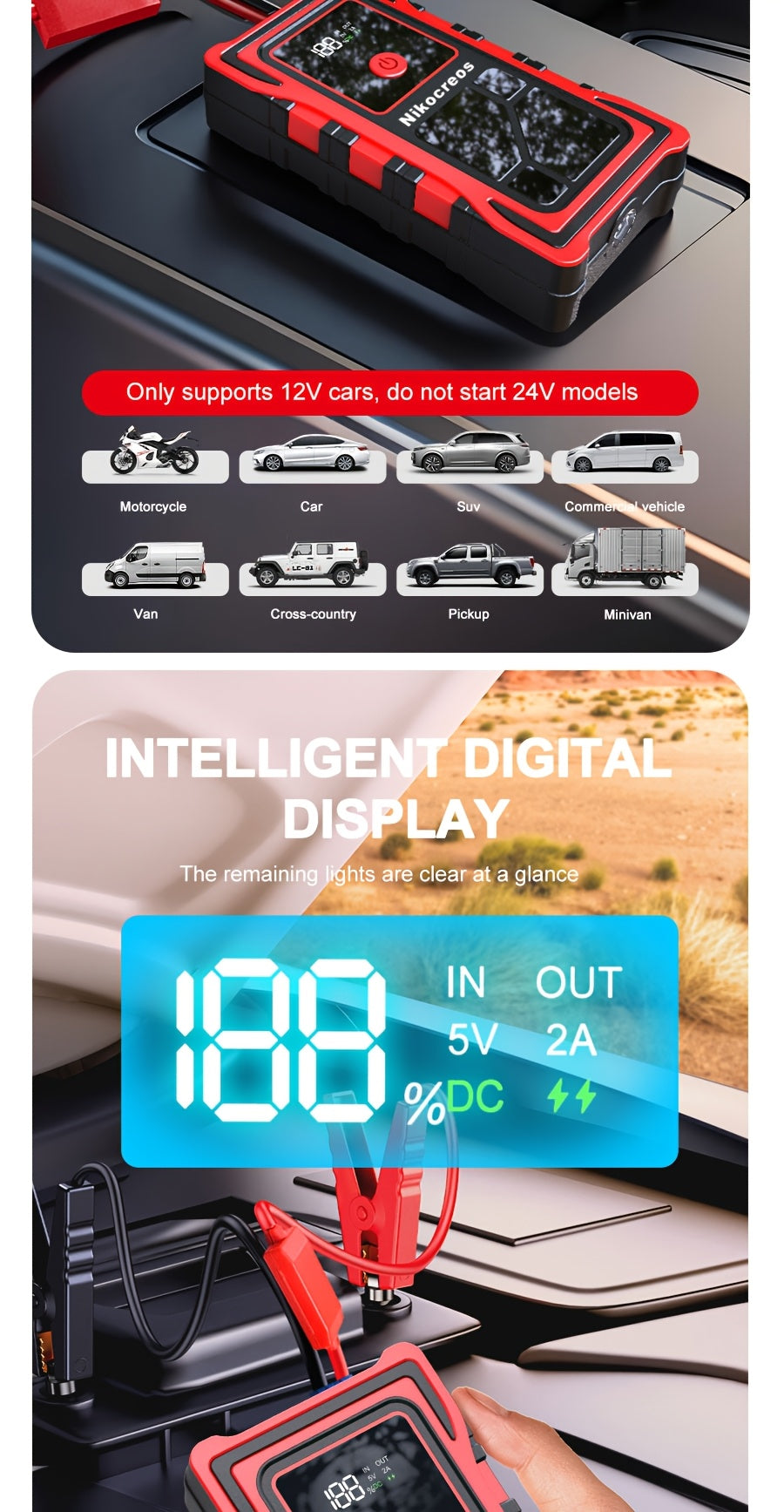 Avviatore d'emergenza per auto 6000A-8000A, display a LED, torcia a LED, ricarica rapida USB, batteria integrata ad alta capacità, portatile e facile da usare, avviatore per auto
