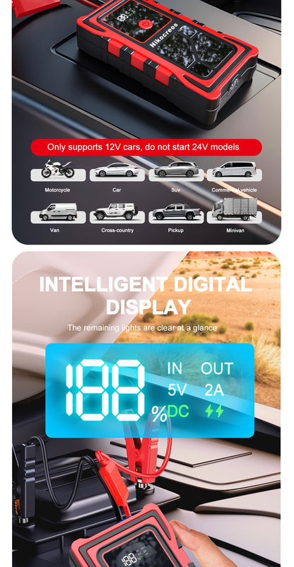 Avviatore d'emergenza per auto 6000A-8000A, display a LED, torcia a LED, ricarica rapida USB, batteria integrata ad alta capacità, portatile e facile da usare, avviatore per auto