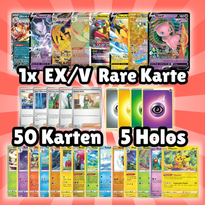Carte Pokémon in tedesco con 1 V/EX e 5 Holo/Reverse per il collezionista di carte Pokémon come regalo ideale per Natale, Pasqua o compleanno.
