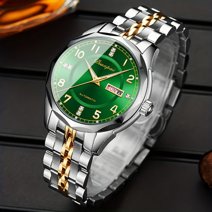 Orologio da polso meccanico automatico da uomo Dianpai - Acciaio inossidabile quadrante verde con indici dorati, indicatore della data, bracciale a catena da polso - Orologio di lusso per feste e casual, nessuna batteria richiesta, regalo ideale per lui,