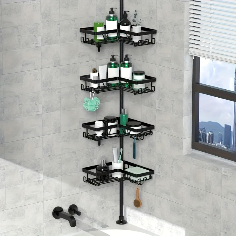 Un robusto e alto ripiano angolare per il bagno, un ripiano angolare regolabile per la doccia che non richiede foratura, dotato di un rack portaoggetti nero a 4 ripiani resistente alla ruggine, ideale per organizzare le aree angolari della doccia - Perfet