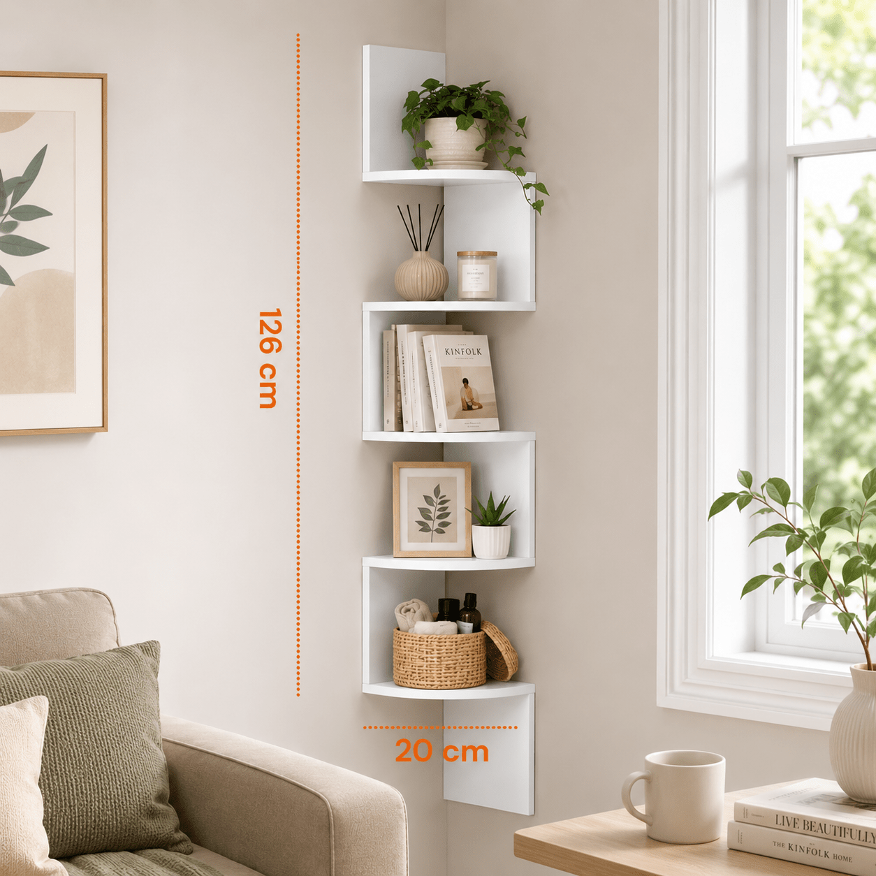 Angolare da Parete a 5 Ripiani Salvaspazio per Casa Scaffale Angolare Bianco – Mensola Angolare da Parete Flottante Zigzag, Libreria Moderna per Cucina, Camera da Letto, Soggiorno e Ufficio, Dimensioni 20 x 20 x 126 cm, Accessori per la casa