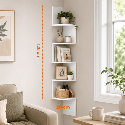 Angolare da Parete a 5 Ripiani Salvaspazio per Casa Scaffale Angolare Bianco – Mensola Angolare da Parete Flottante Zigzag, Libreria Moderna per Cucina, Camera da Letto, Soggiorno e Ufficio, Dimensioni 20 x 20 x 126 cm, Accessori per la casa