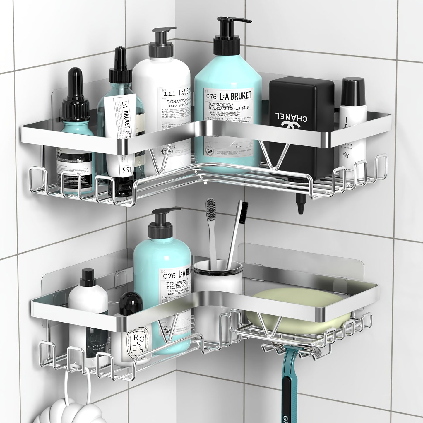 Portaoggetti per Doccia Angolare 3 Pezzi, Mensola da Parete Autoadesiva con Portasapone e Ganci, Grande Capacità, Senza Foratura, Organizzatore Antiruggine Rack di Stoccaggio Bagno, Soluzione Moderna, Accessorio Elegante ed Efficace