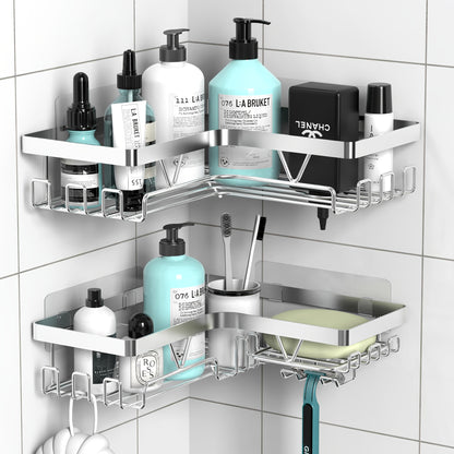 Portaoggetti per Doccia Angolare 3 Pezzi, Mensola da Parete Autoadesiva con Portasapone e Ganci, Grande Capacità, Senza Foratura, Organizzatore Antiruggine Rack di Stoccaggio Bagno, Soluzione Moderna, Accessorio Elegante ed Efficace