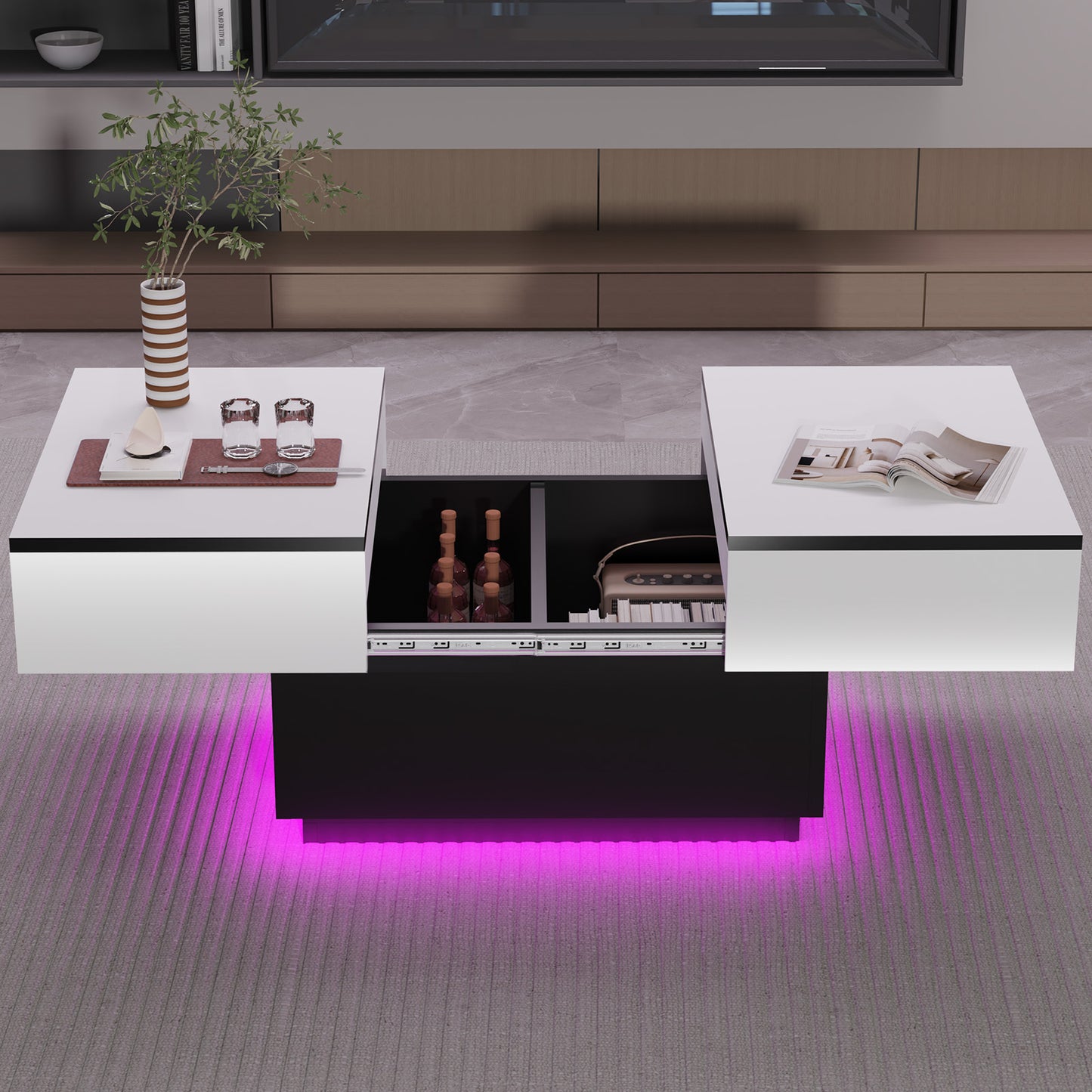 Tavolino da caffè bianco, Tavolino da salotto, Tavolino con 2 ripiani portaoggetti, 80x58x40 cm, Piano estendibile con striscia luminosa RGB, Mobile moderno per soggiorno, Sala riunioni