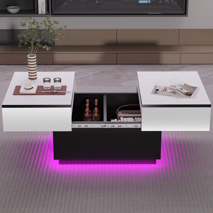 Tavolino da caffè bianco, Tavolino da salotto, Tavolino con 2 ripiani portaoggetti, 80x58x40 cm, Piano estendibile con striscia luminosa RGB, Mobile moderno per soggiorno, Sala riunioni