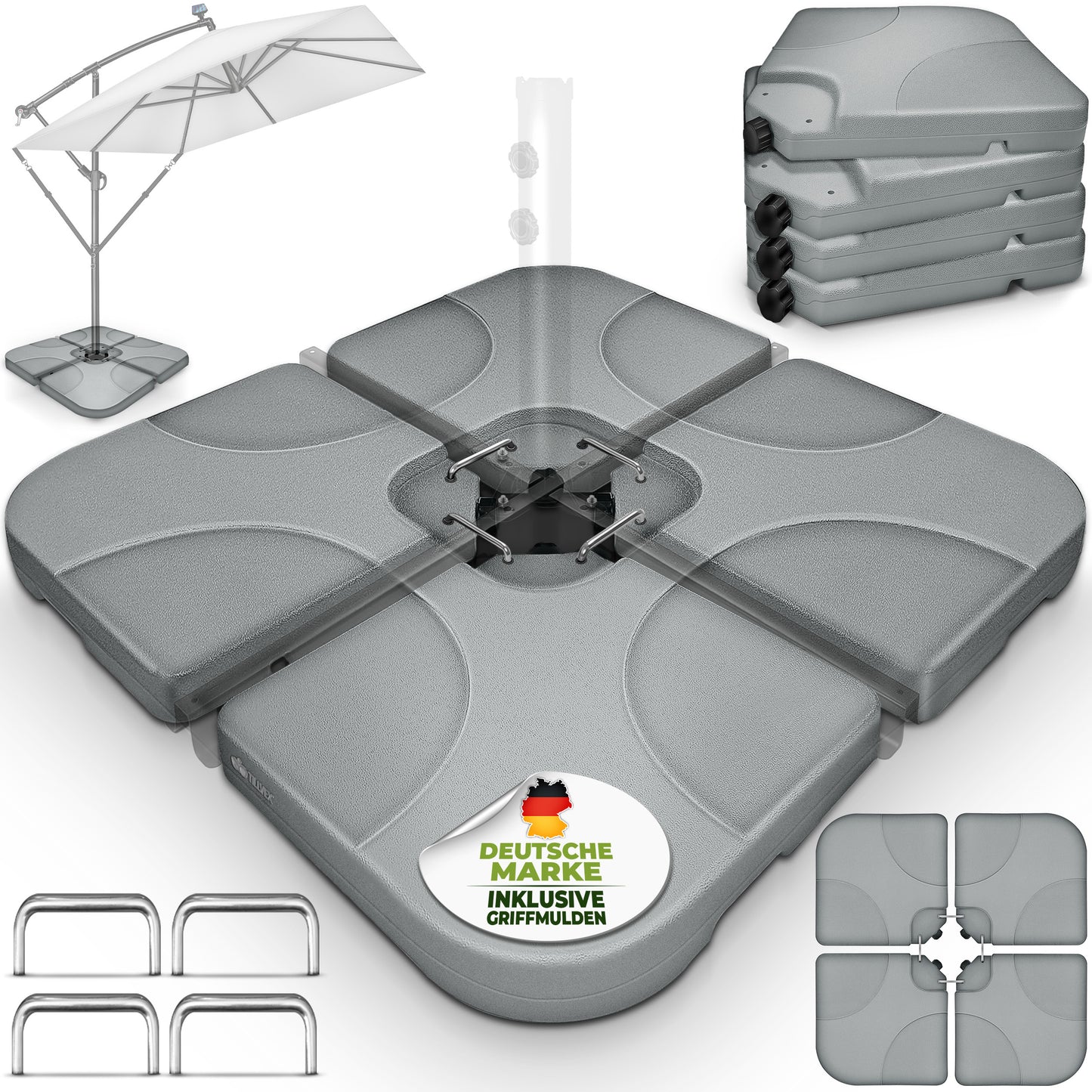 Tillvex® Supporti per Ombrelloni da Sole 60 Litri / 80 Kg - 4 Parti per Ombrellone con Semaforo Incluse Connettori in Metallo | Peso Ombrellone Riempibile con Acqua o Sabbia | Supporto per Ombrellone Resistente alle Intemperie per Balcone Esterno, Terrazz