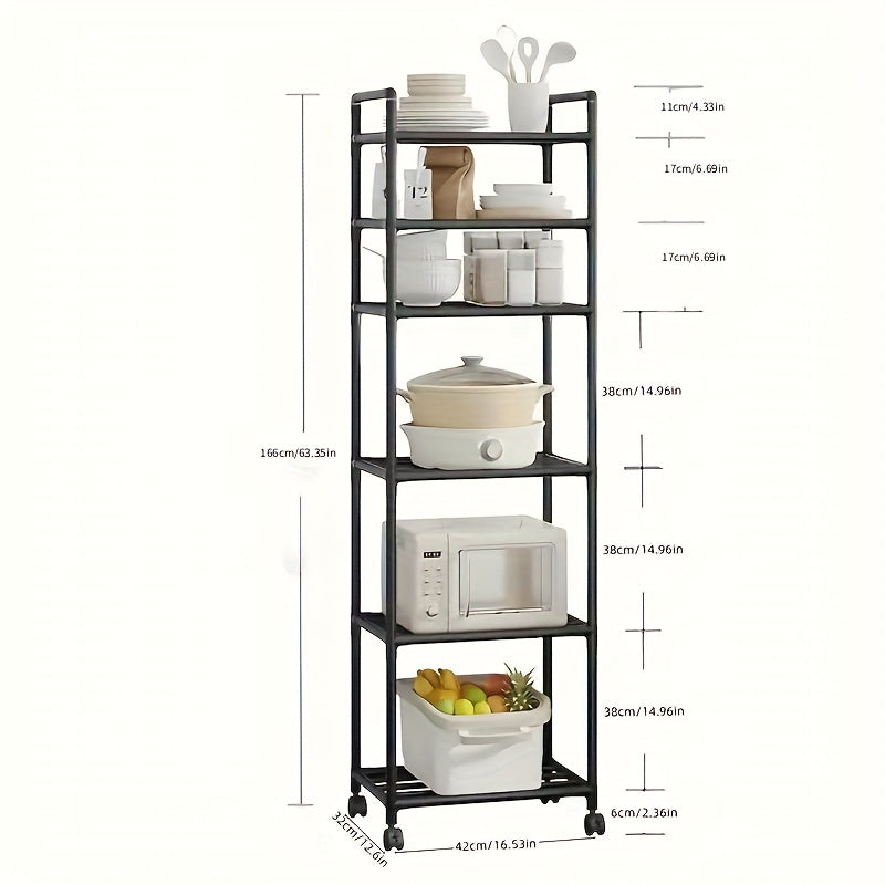 Carrello portaoggetti regolabile su ruote con 6 ripiani, dotato di ruote e ganci - Adatto per cucina, camera da letto, bagno, scaffalatura multifunzionale - Salvaspazio, scaffalatura multifunzionale | Design a scaffalatura aperta | Opzioni di archiviazion