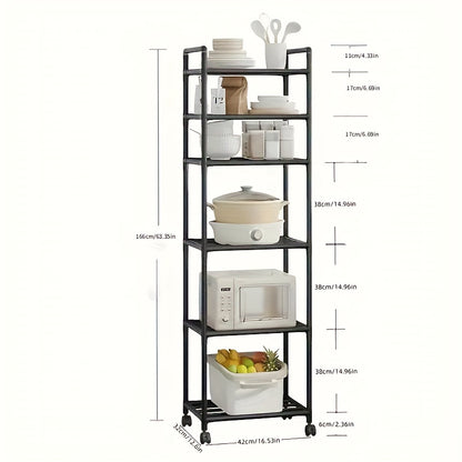 Carrello portaoggetti regolabile su ruote con 6 ripiani, dotato di ruote e ganci - Adatto per cucina, camera da letto, bagno, scaffalatura multifunzionale - Salvaspazio, scaffalatura multifunzionale | Design a scaffalatura aperta | Opzioni di archiviazion