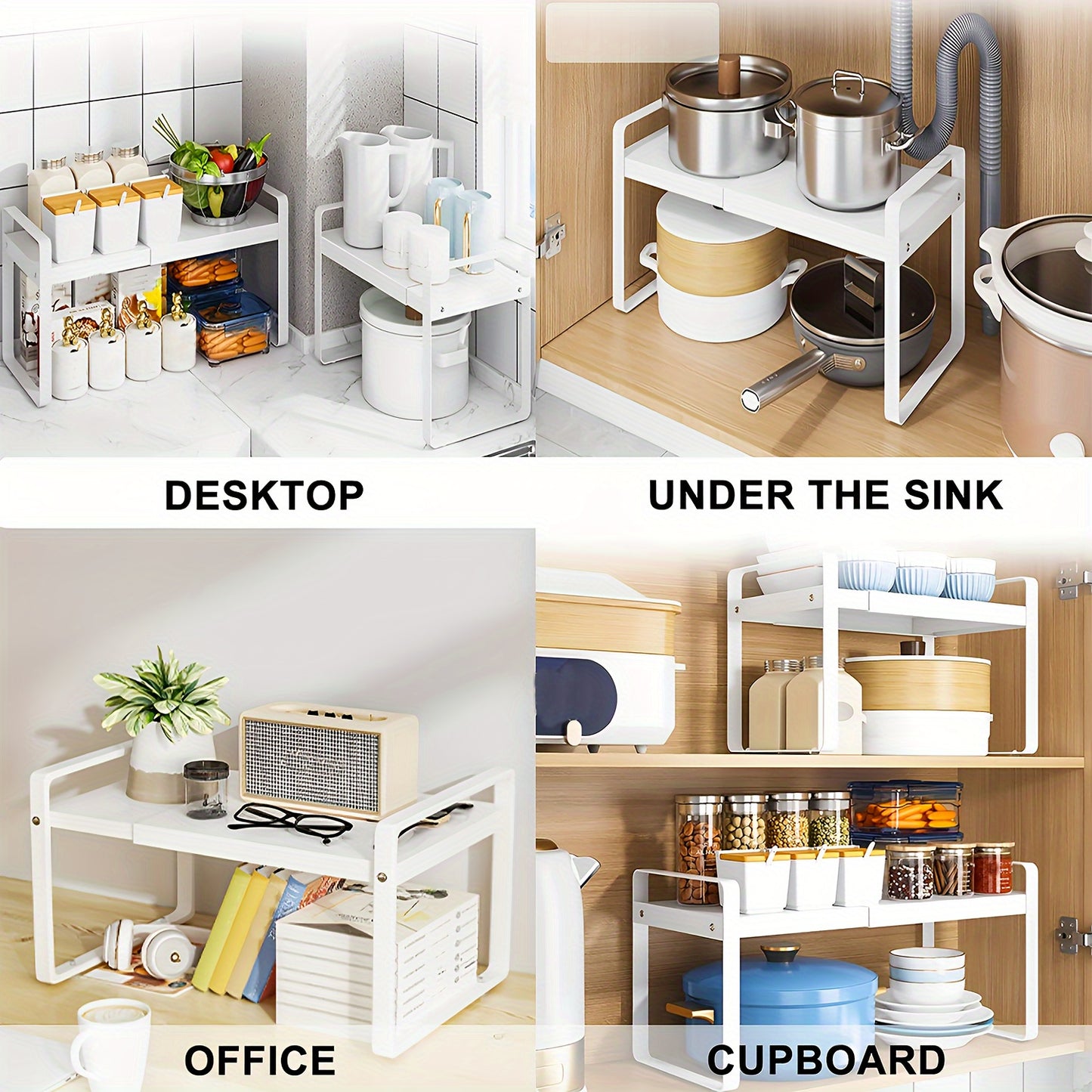 Organizzatore di Scaffali da Cucina in Metallo Regolabile ed Espandibile, Porta Spezie per Banconi e Armadietti, Ideale per Dispensa, Bagno - Scaffali Multiuso a Staffa Sopra, Organizzatori e Contenitori da Cucina, Mensole di Utilità