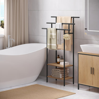 1pz mensola da bagno, portasciugamani verticale nero con 3 portasciugamani, barra per asciugamani con 2 ripiani, utilizzato per asciugamani e abbigliamento asciugamani, realizzato in materiale metallico e legno
