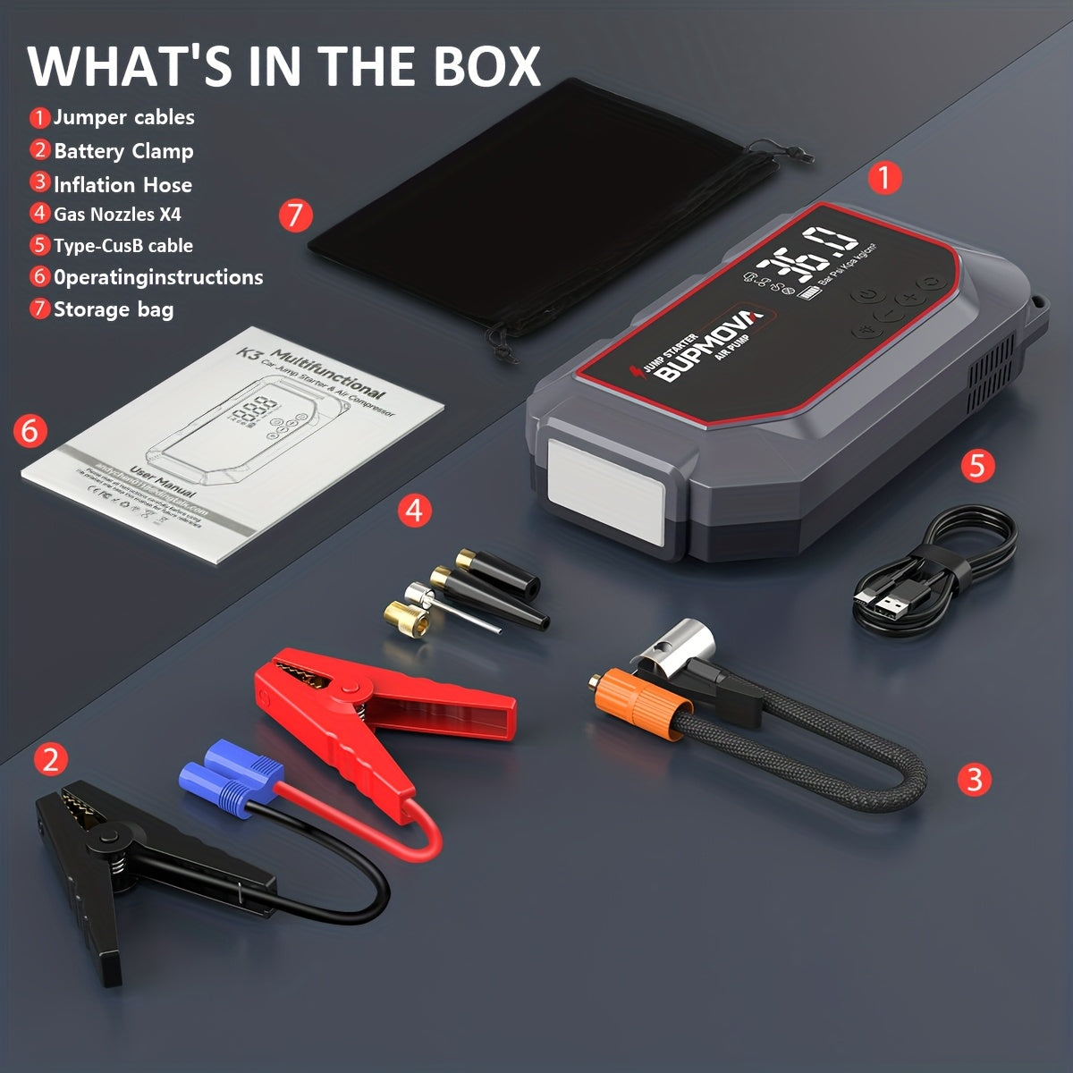 BUPMOVA 10000A Avviatore Portatile per Auto con Compressore d'Aria, Torcia, Power Bank di Grande Capacità, Ampio Display, Luci LED, Caricatore Booster Batteria 12V per Tutti i Motori a Benzina e Diesel - Avvio Rapido Batteria Scarica, Dispositivo di Assis