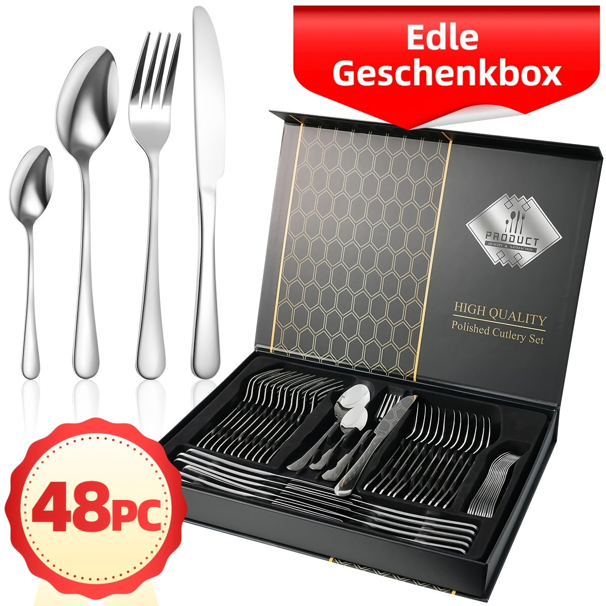 Set di posate in acciaio inossidabile da 48 pezzi per 12 persone | Elegante confezione regalo, posate premium, lucidate a specchio, lavabili in lavastoviglie, coltelli da bistecca, forchette e cucchiai ergonomici | per riunioni di famiglia, matrimoni, ina