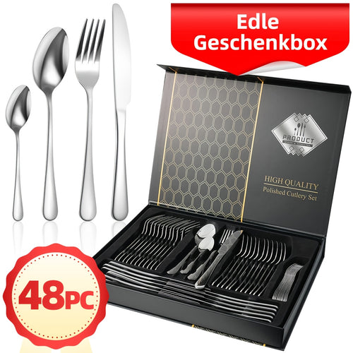 Set di posate in acciaio inossidabile da 48 pezzi per 12 persone | Elegante confezione regalo, posate premium, lucidate a specchio, lavabili in lavastoviglie, coltelli da bistecca, forchette e cucchiai ergonomici | per riunioni di famiglia, matrimoni, ina