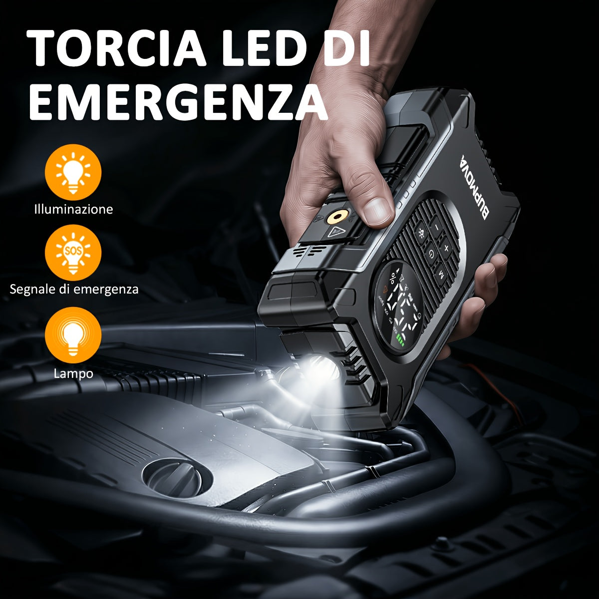Avviatore di Emergenza per Auto con Compressore Aria e Gonfiatore Pneumatici, Booster Batteria 9500A con Power Bank e Torce LED, Box Avviatore Auto 12V per Tutti i Veicoli a Benzina o Diesel da 10.0L con Custodia Portatile, Cavi Smart con 10 Funzioni di P
