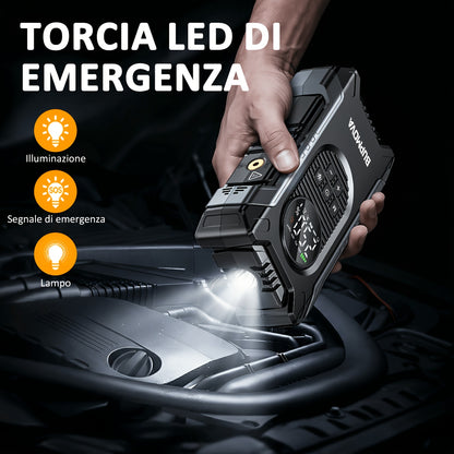 Avviatore di Emergenza per Auto con Compressore Aria e Gonfiatore Pneumatici, Booster Batteria 9500A con Power Bank e Torce LED, Box Avviatore Auto 12V per Tutti i Veicoli a Benzina o Diesel da 10.0L con Custodia Portatile, Cavi Smart con 10 Funzioni di P
