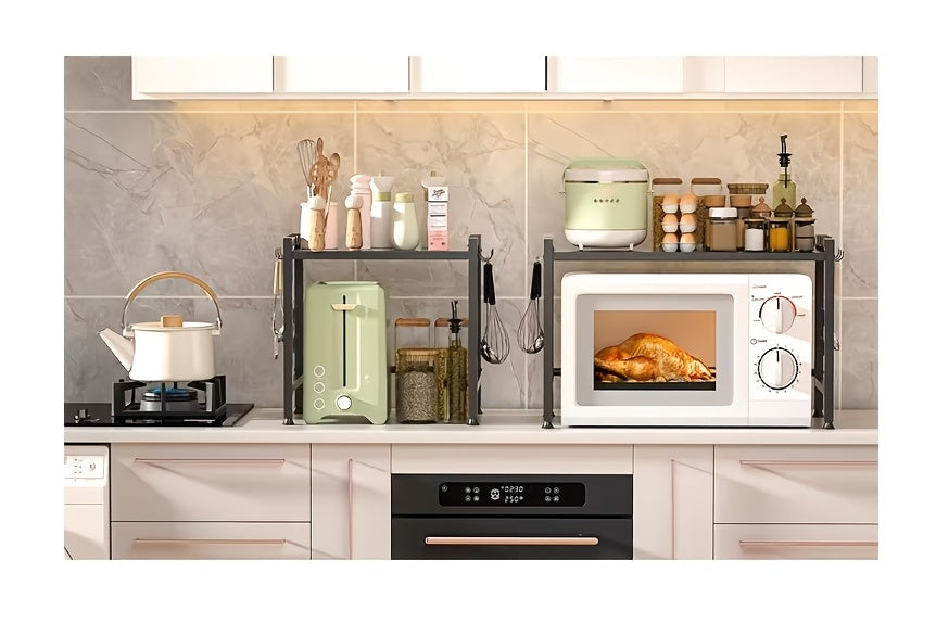 Mensola da Cucina a 2 Ripiani (Nero), Supporto da Appoggio per Cucina a Microonde, Mensola da Cucina per Forno, Portaoggetti da Cucina, Estensibile 40 - 65 Cm, con 6 Ganci, Crea uno Spazio Cucina Ordinato, Mensola da Terra, Mensola da Terra