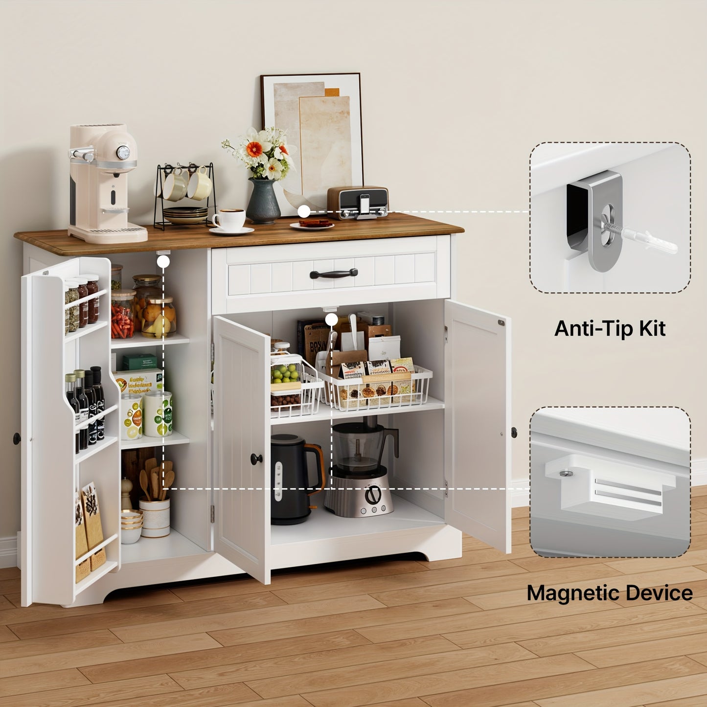 Mobiletto, Armadio da Cucina con Tre Ante e Un Cassetto, Offre Ampio Spazio di Stoccaggio, Adatto per Cucine, Sale da Pranzo, Soggiorni e Corridoi, 105X40X84.5Cm