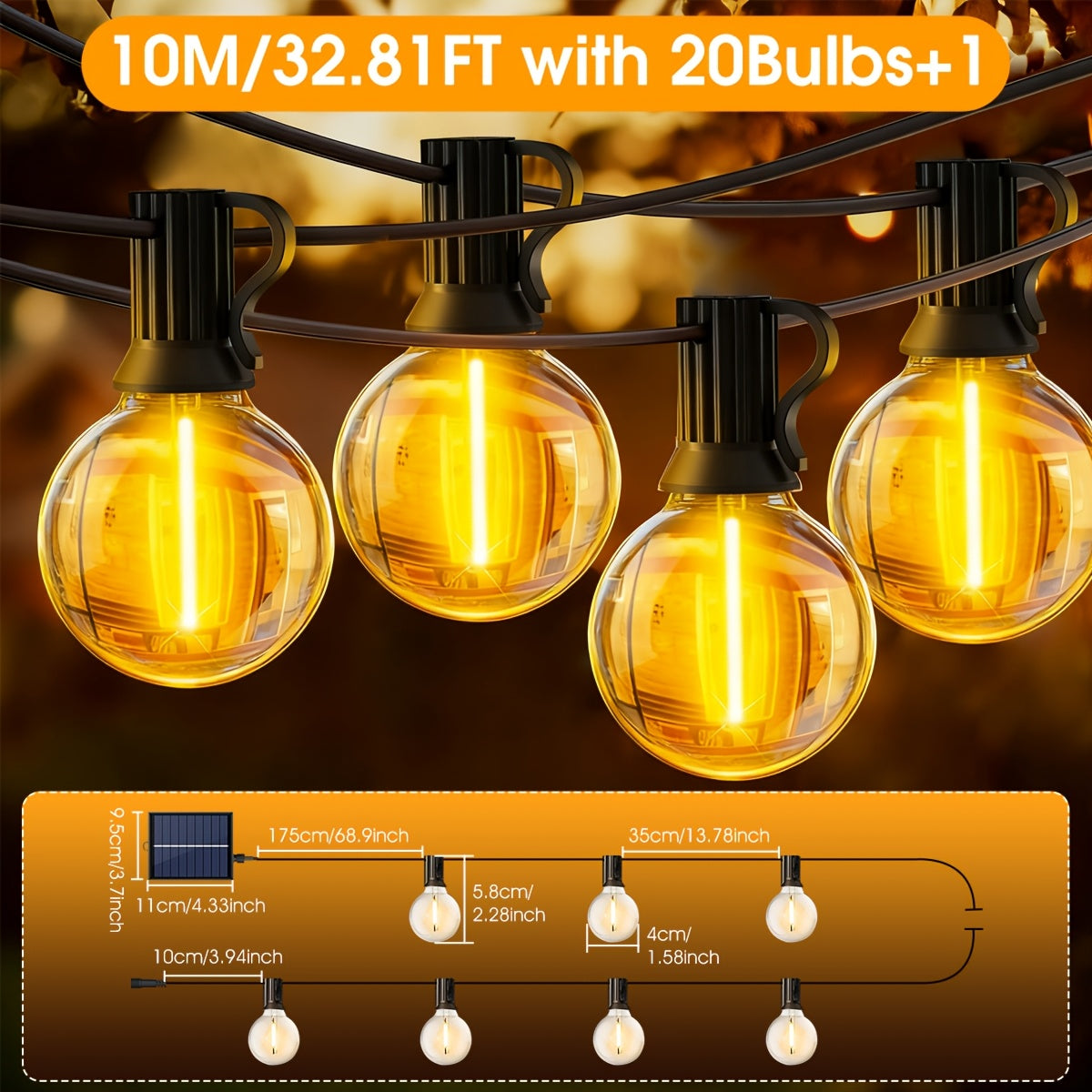 Luci a stringa solari G40, fino a 18m, IP65, 8 modalità, timer, dimmerabili, lampadine trasparenti con filamenti caldi, da appendere a patio/giardino, accensione/spegnimento automatico, LUCE per un'atmosfera perfetta