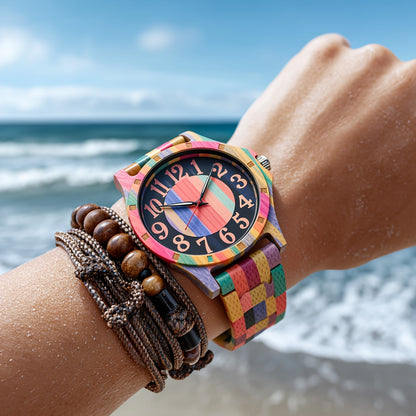 LeeEv Orologi da Uomo in Legno Leggero e Trasparente a Colori Mescolare, Incisi a Mano, Analogico al Quarzo, Orologio da Polso in Bambù, Regalo per Uomo
