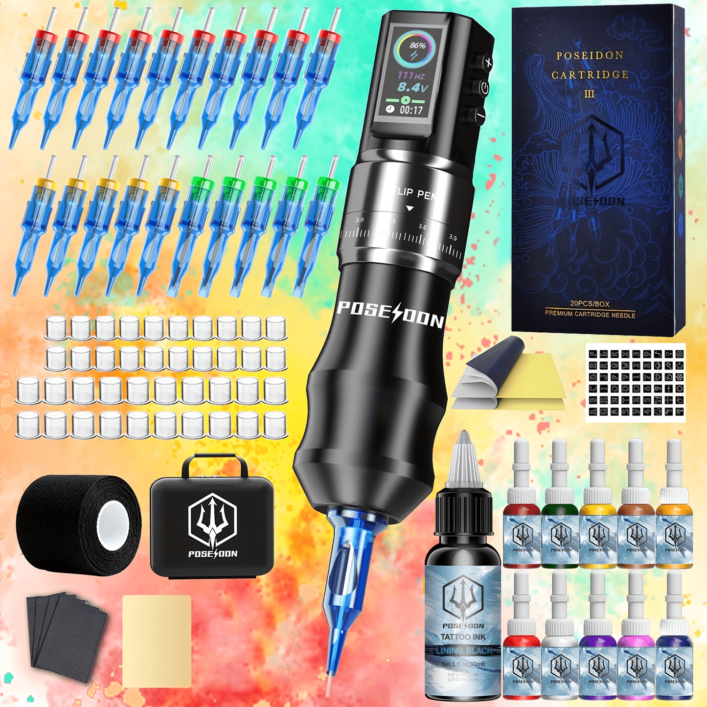 Kit Tatuaggio POSEIDON V3 PRO, Macchina per Tatuaggi con 20 Cartucce, Penna Tatuaggio Wireless con Batteria 1800mAh, Schermo LED a Colori HM128, 20 Aghi Cartuccia e 11 Inchiostri per Tatuaggi, Accessori per Principianti