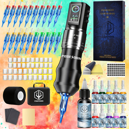 Kit Tatuaggio POSEIDON V3 PRO, Macchina per Tatuaggi con 20 Cartucce, Penna Tatuaggio Wireless con Batteria 1800mAh, Schermo LED a Colori HM128, 20 Aghi Cartuccia e 11 Inchiostri per Tatuaggi, Accessori per Principianti