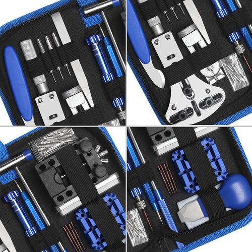 LEEEV Set di riparazione orologi da 185 pezzi con strumenti per cambio batteria, regolazione e rimozione di lacci, strumenti per barre a molla per apertura cassa, chiave per rimozione retro e forniture per la pulizia dell'orologio - Fornito con una comoda