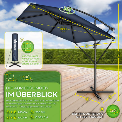 Tillvex® Parasole Rettangolare in Alluminio Ø 330 Cm + Copertura con Manovella | Schermo Angolare a Luce Rossa con Supporto & Parabrezza | Grande Parasole da Giardino in Alluminio Protezione UV | Schermo con Manovella Impermeabile Girevole a 360° per Terr