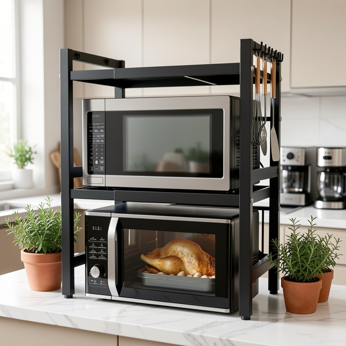 Scaffale da microonde a 3 livelli regolabile e resistente, scaffale orizzontale di estensione per cucina, scaffale per posacenere, materiale in acciaio al carbonio nero opaco, dotato di 6 ganci, artefatto multifunzionale a doppio uso per casa e ufficio, s