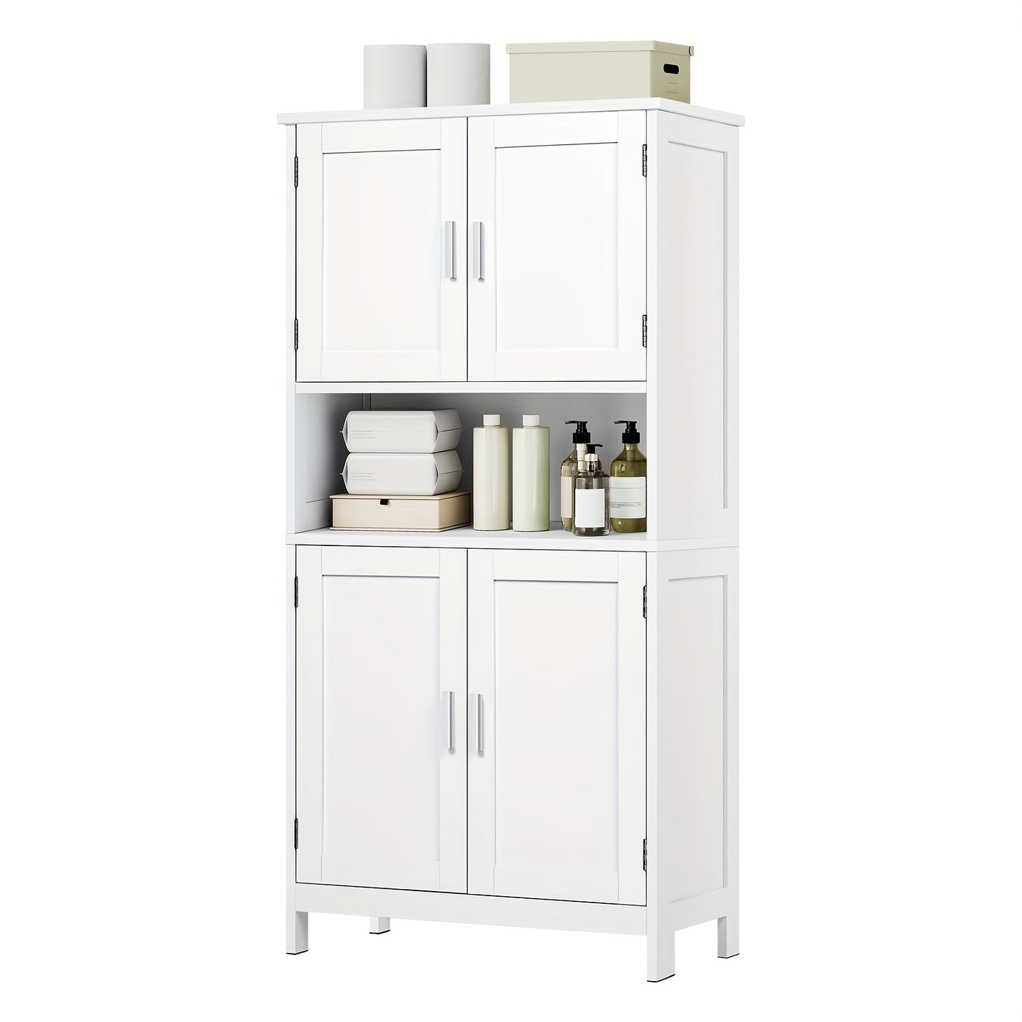 1 pz Mobiletto contenitore multifunzionale moderno e semplice, mobile per bagno, design a quattro ante + ripiano aperto, adatto per bagno/cucina/soggiorno/ufficio 60x120x30cm bianco, manufatto contenitore per la casa