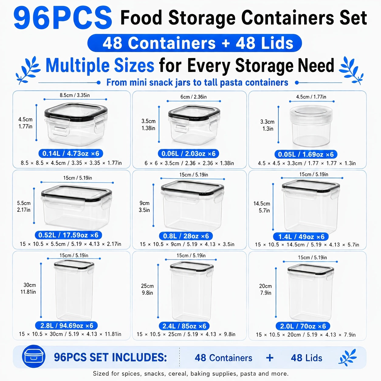 Set da 96/60/22 pezzi // Confezione di contenitori ermetici per alimenti con coperchi a scatto adatti per pasta, farina, zucchero e prodotti secchi - Barattoli e coperchi in plastica PP, organizzatori rettangolari per dispensa per cereali, snack, conserva