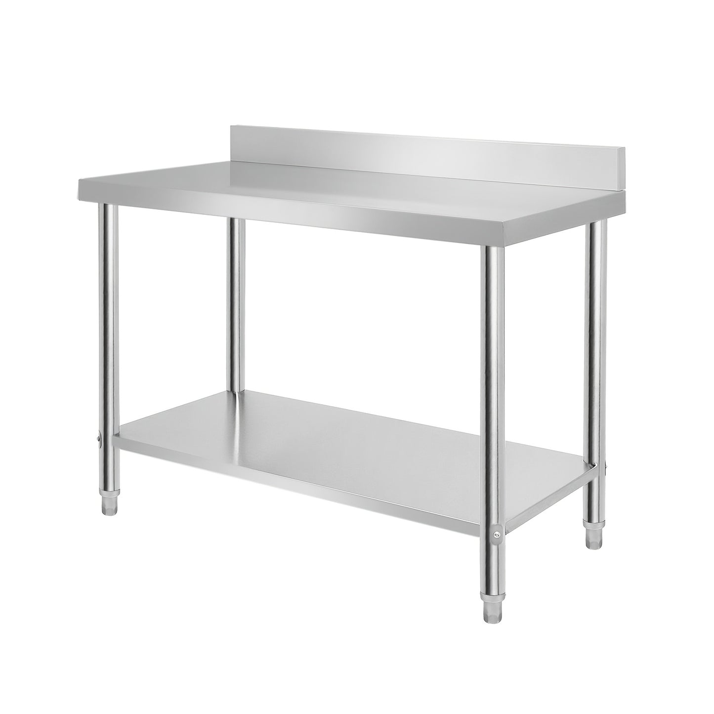 Piani di lavoro in acciaio inossidabile per cucina con paraschizzi, inclusi gambe regolabili e ripiano inferiore extra-large, carico massimo 250 kg