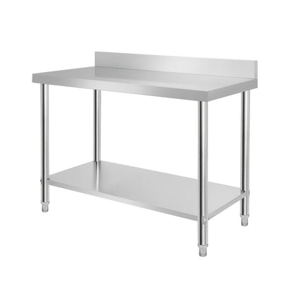 Piani di lavoro in acciaio inossidabile per cucina con paraschizzi, inclusi gambe regolabili e ripiano inferiore extra-large, carico massimo 250 kg