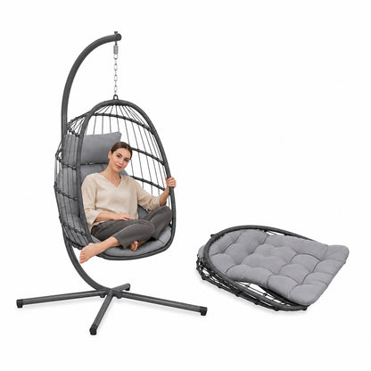 Poltrona Sospesa da Giardino Richiudibile con Cuscini Imbottiti in Acciaio Zincato e Effetto Rattan - Portata 160kg