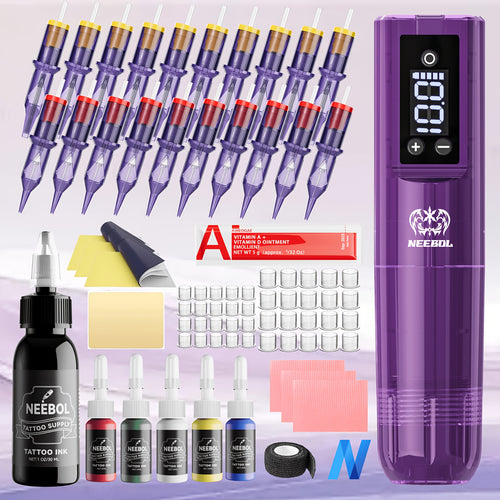 Neebol Kit Completo Macchina per Tatuaggi, Pistola per Tatuaggi Senza Fili con Display, 3 Modalità di Memoria, Set Penna Rotativa Wireless per Tatuaggi, Lunga Durata della Batteria, 20 Aghi a Cartuccia, Inchiostro per Tatuaggi Colorato, Forniture per Tatu
