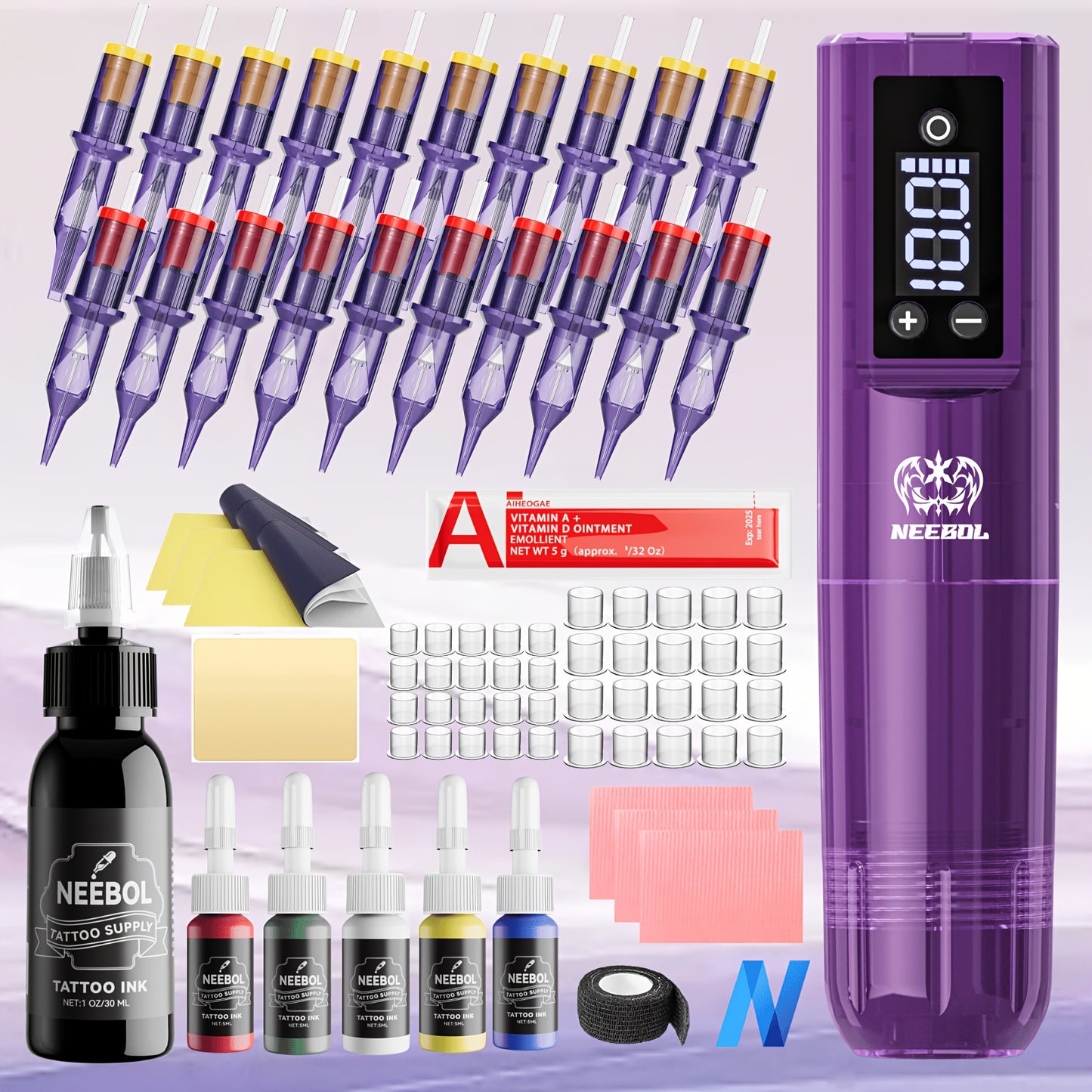 Neebol Kit Completo Macchina per Tatuaggi, Pistola per Tatuaggi Senza Fili con Display, 3 Modalità di Memoria, Set Penna Rotativa Wireless per Tatuaggi, Lunga Durata della Batteria, 20 Aghi a Cartuccia, Inchiostro per Tatuaggi Colorato, Forniture per Tatu