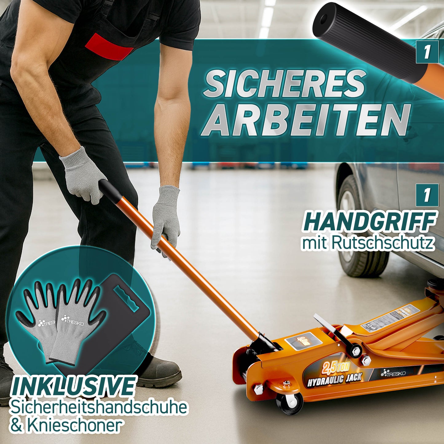 Cric idraulico per auto TRESKO® 2.5 - 3T | Cric idraulico per spostamento auto e SUV con ruote piane e a 360°, include 2 guarnizioni in gomma, tappetino protettivo, guanti