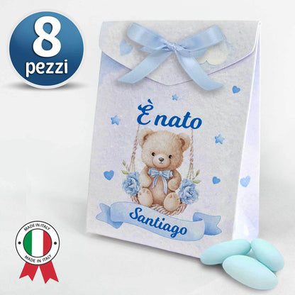 Set 8 Scatoline Bomboniere personalizzate con nome, Prima Nascita, Baby shower, scatole Portaconfetti + 4 mt. nastro raso, Festa nascita bimbo orsetto blu